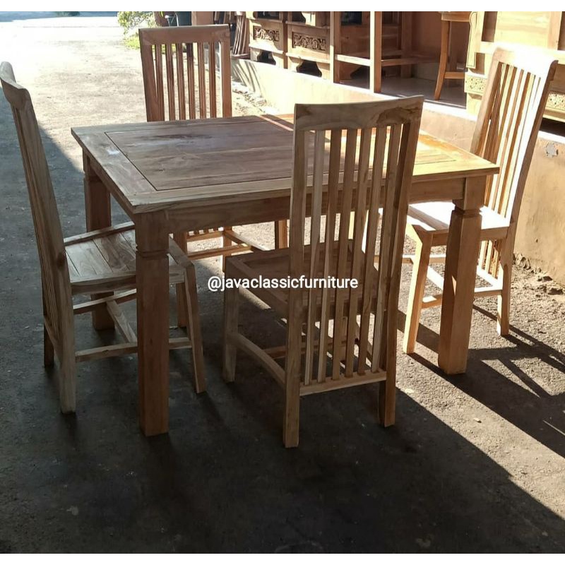 1 SET KURSI MEJA MAKAN BALERO MINIMALIS RESTO RUMAH MAKAN MURAH KURSI 4 JARI-JARI POLOS BAHAN KAYU JATI SEMI FINISHING NATURAL FURNITURE JEPARA-3