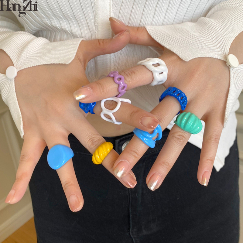 Current Creative Color Resin Ring Simple Fashion  Fun Geometric Hollow Macarons Candy Rings Women Jewelry Gift