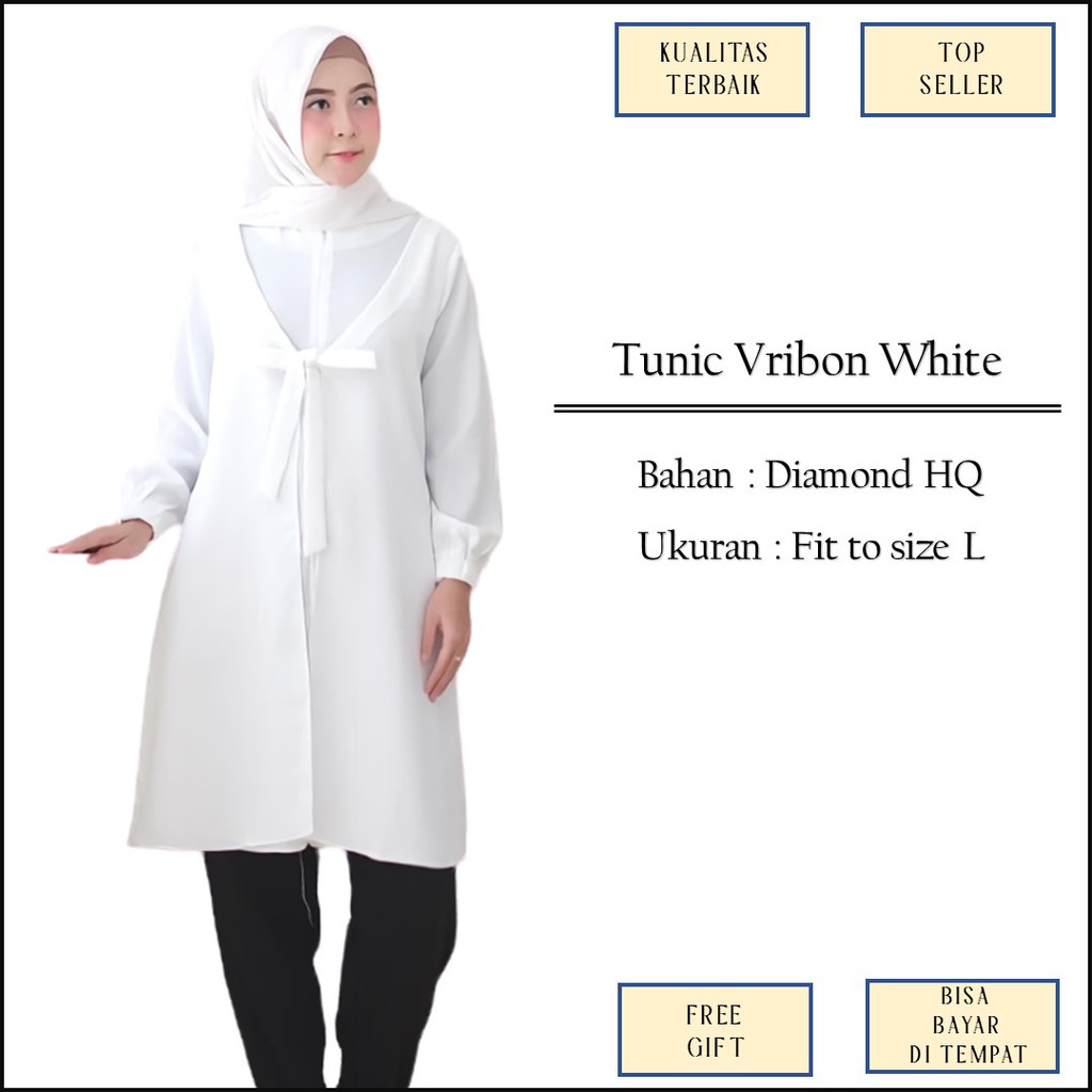 Baju Atasan Tunic Tunik Broken White Putih Tulang Variasi Pita Resleting Busui Friendly Size L M1206