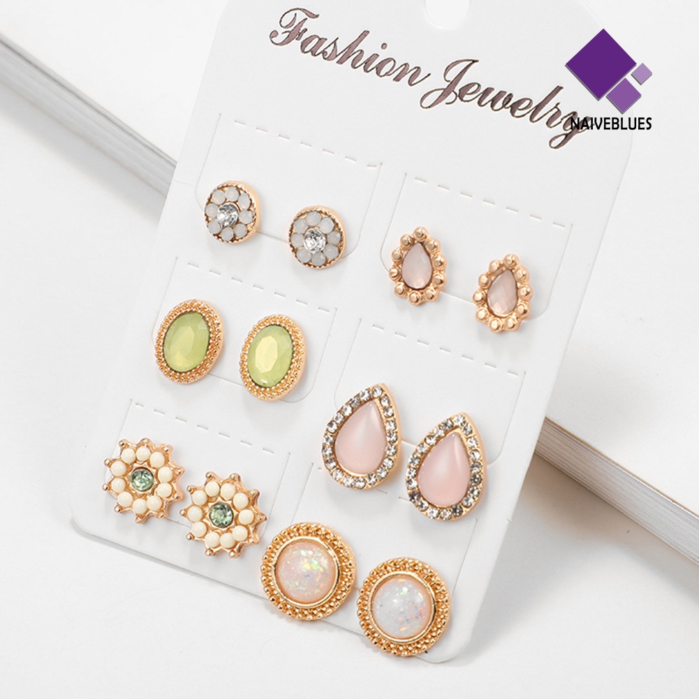 6 Pasang Anting Stud Opal Berlian Imitasi Bentuk Tetesan Air Untuk Wanita