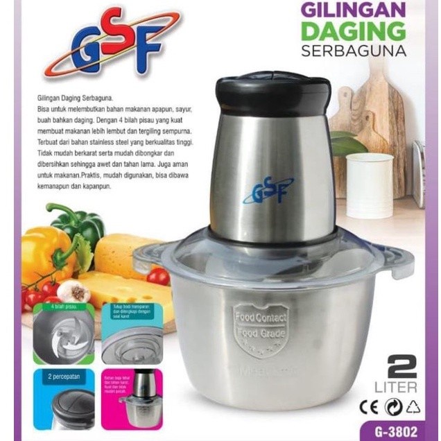 Chopper Daging GSF G-3802 Food Processor Electric 2 Liter 4 Mata Pisau Chooper Daging &amp; Bumbu -Halus