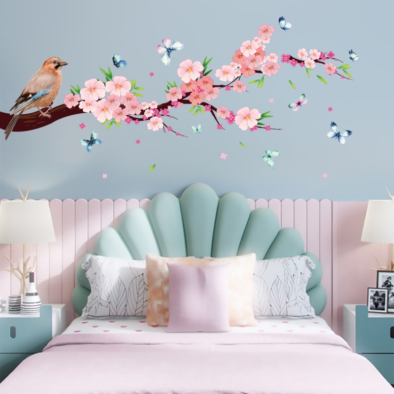 2pcs / set Stiker Dinding Motif Kupu-Kupu / Burung / Bunga Sakura Removable Untuk Dekorasi Ruang Tamu / Kamar Tidur