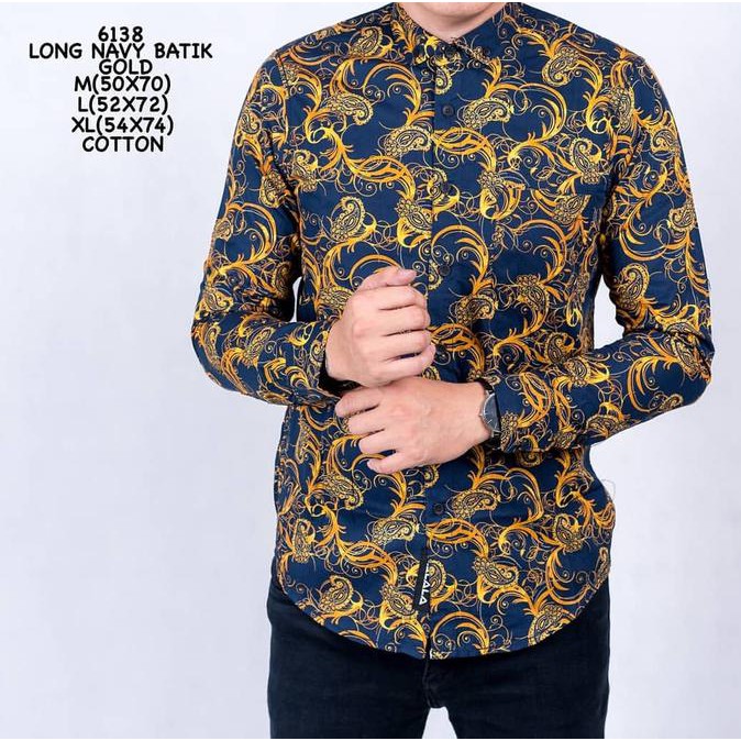 Best Seller Kemeja Batik Pria Navy Gold - Emas, M