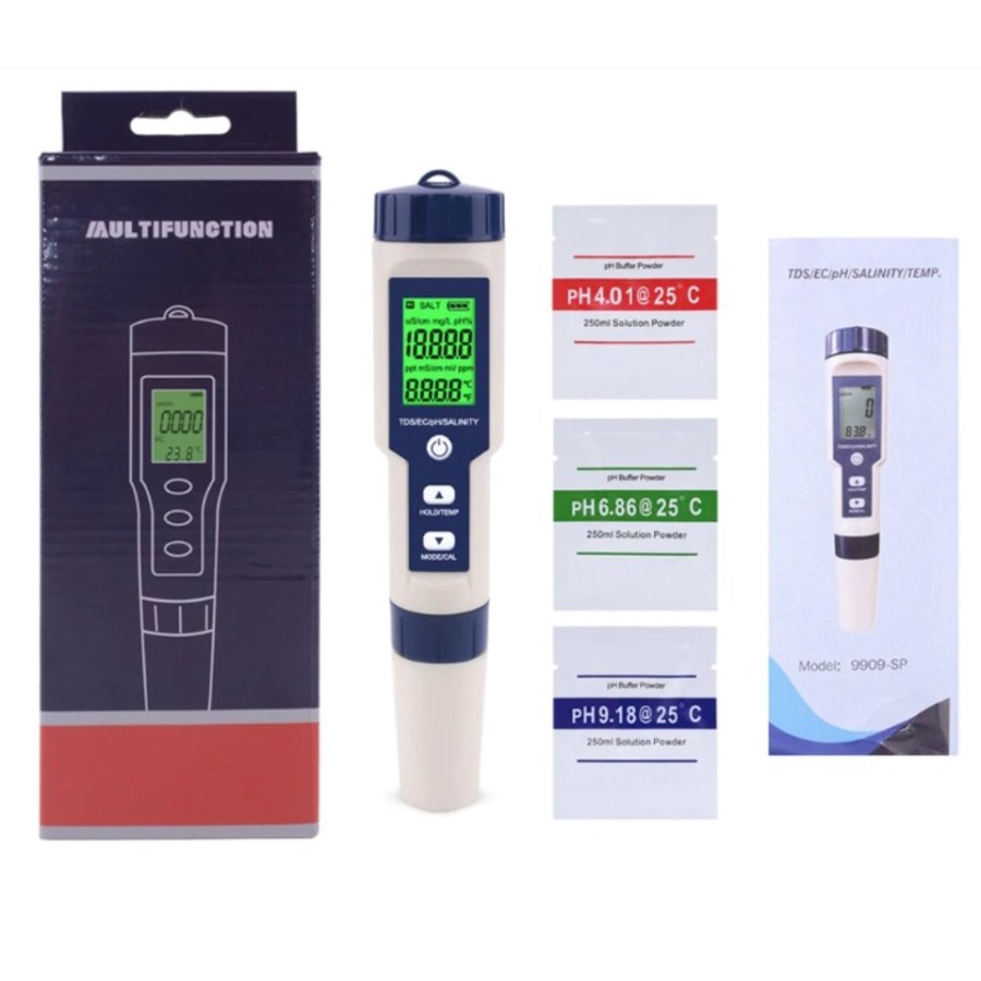 pH TDS EC Salinity Temperature Meter Tester Pen Waterproof 5in1 Digital Water Quality Tester EZ-9909SP