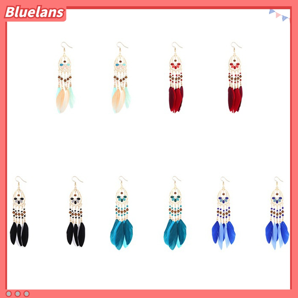 Anting Rumbai Bulu Manik-Manik Oval Warna-Warni Model Hollow Out Gaya Boho Untuk Wanita