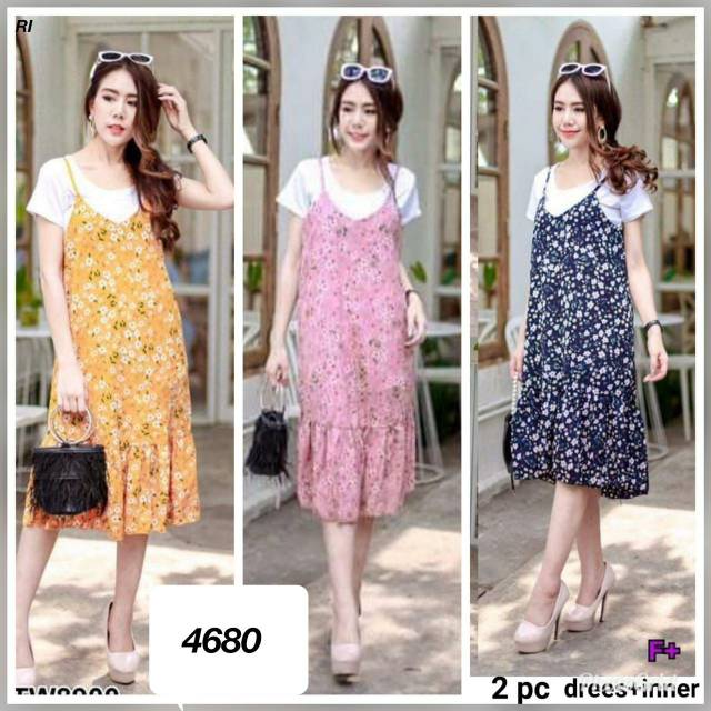 Casual Dress bunga Import Dres motif + iner 4680(ld 86-90)