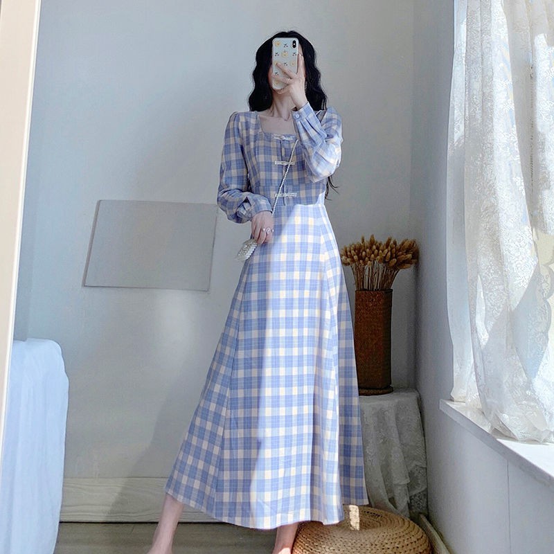 Gaun Muslim Lengan Panjang Temperamen Barat Prancis Rok A-line Kotak-kotak