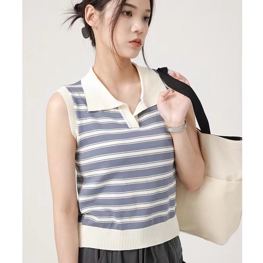 【Elegant】Striped Sleeveless Turn-down Collar Vest 7492