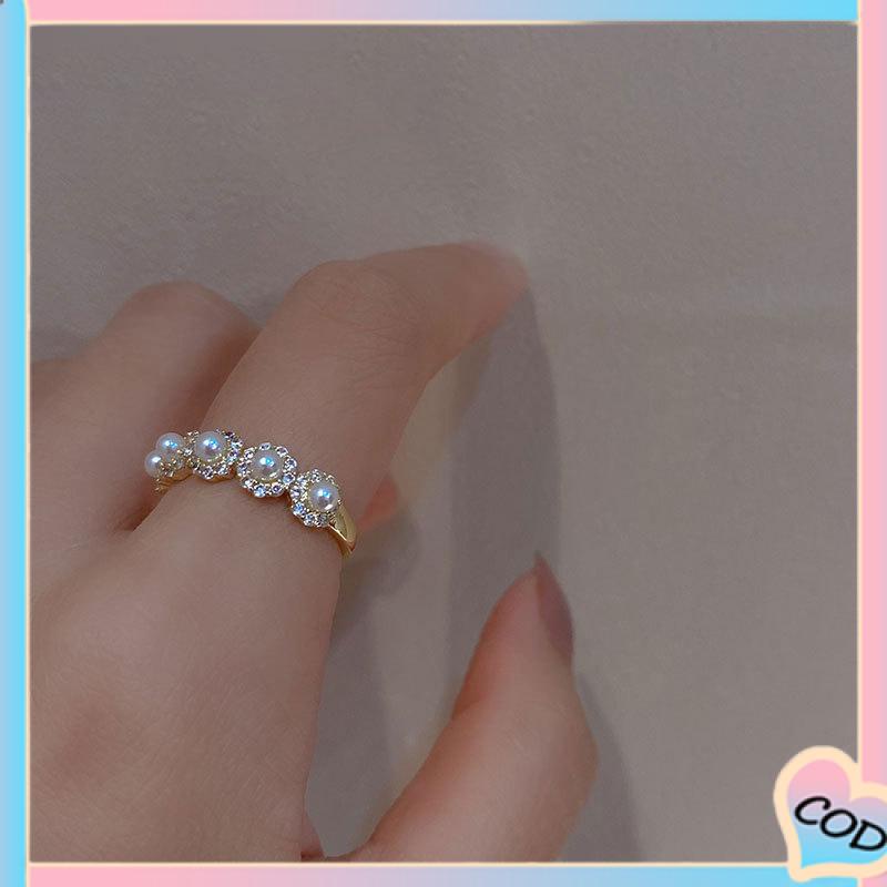 COD❤️Double-layer Retro Pearl Diamond Ring Niche Light Desain Mewah Cincin Dapat Disesuaikan Terbuka-A.one