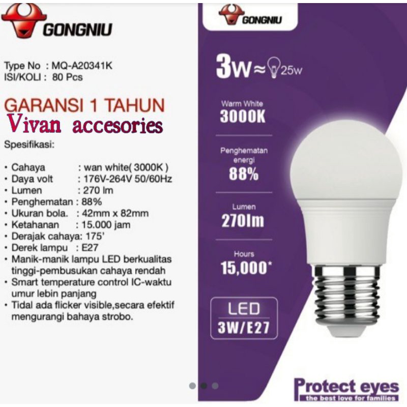 Goneo Lampu LED GONGNIU Bohlam 3watt,3000K,Lumen 270lm E27 Warm White Garansi