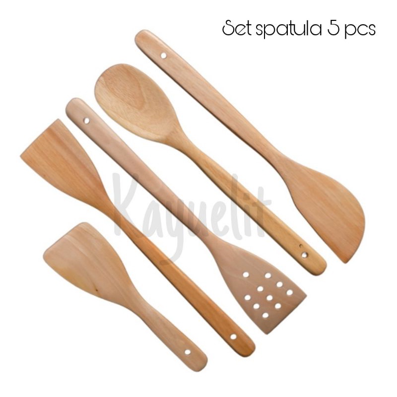 1 set dapat 5 item / set alat masak kayu / sutil / sodet / solet kayu / spatula kayu