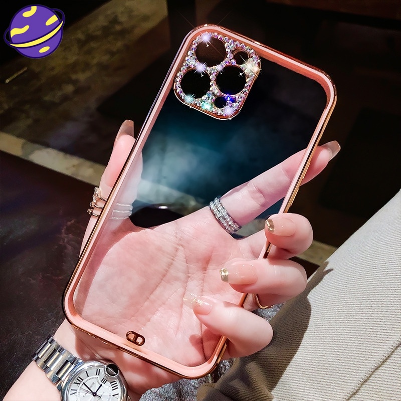 Soft Case Transparan Frame Electroplated Glitter Berlian Kamera Untuk iPhone 13 12 11 Pro X XS Max Mini XR SE2 7 8 Plus