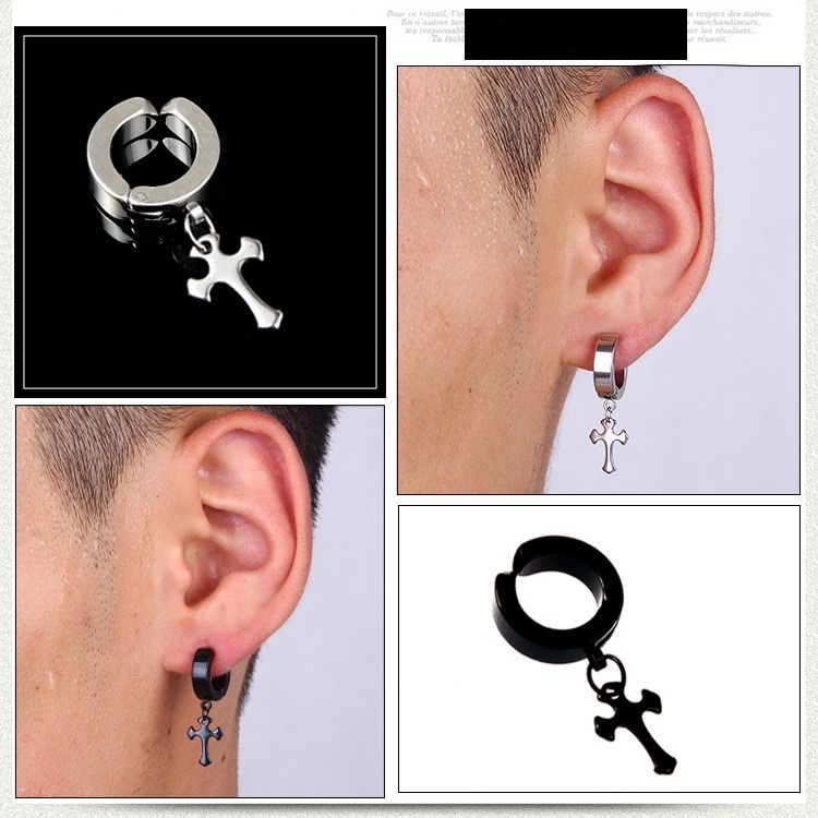 Ready Stock Anting Klip Telinga Salib Halus Anting Korea Hip Hop Anti Karat Hitam Perak Street Gothic Earrings Ear Hypoallergenic Stud Rumbai Chian Punk Pria Wanita Perhiasan