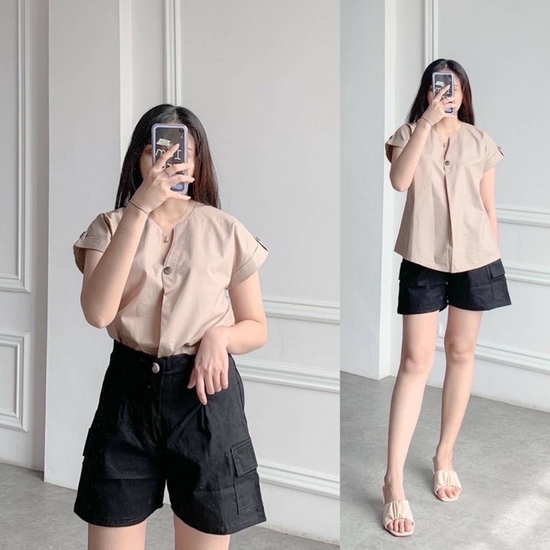 EVODEA TOP BAJU ATASAN BLOUSE WANITA LENGAN PENDEK BAHAN KATUN COTTON POLOS DARK BLUE BUTTER PASTEL YELLOW LIGHT BLUE WHITE GREYISH BLUE BLACK MOSSCREPE LILAC ARMY BRICK ROSE TAUPE BROWN WHITE NAVY MAUVE MAROON CREME CREAM GREEN BLUE FUCHSIA-3