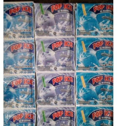 

Minuman Pop Ice rasa Permen Karet, Vanila Blue, Taro renteng 23gr