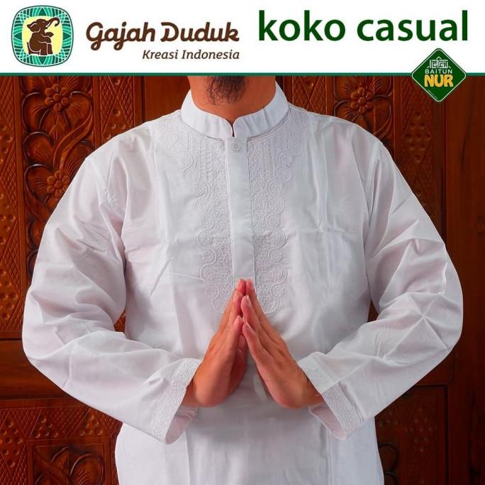 Baju Koko Putih Panjang Casual Long Gajah Duduk bordir