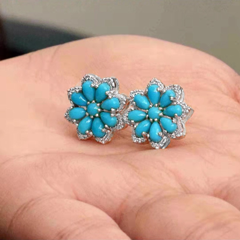 Boho Vintage Turquoise Stud Earrings Women 925 Sterling Silver Snow Flower Diamond Earrings Bridal Wedding Party Anniversary Gift Jewelry