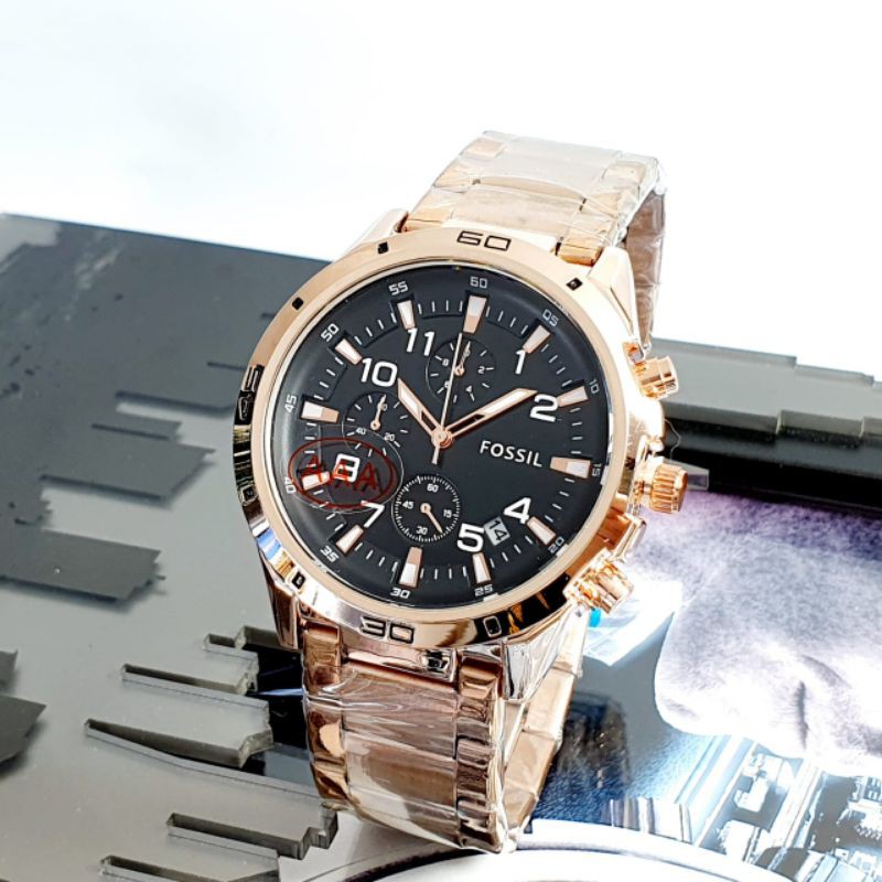JAM TANGAN RANTAI PRIA  BEST SELER FOSIL CRONO AKTIF TANGGAL RANTAI ROSE GOLD PLAT HITAM