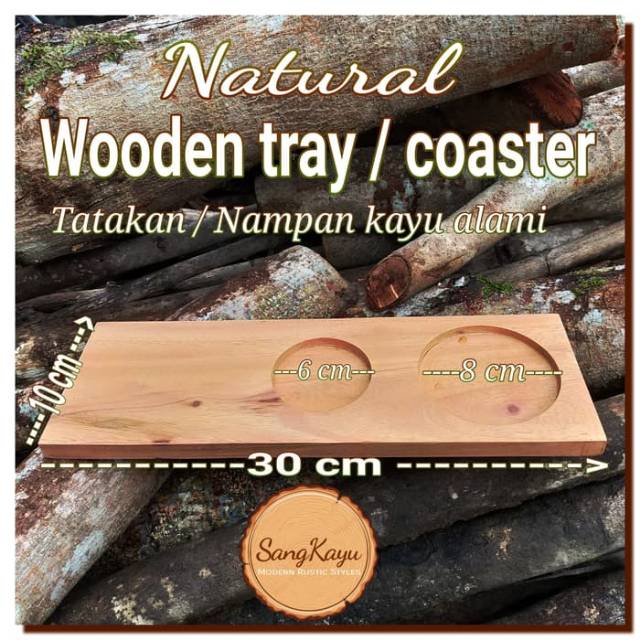 Wooden tray coaster 30x10 two hole tatakan nampan kayu Rustic minimali