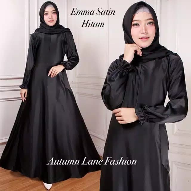 Gamis Baju muslim gamis wanita polos emma satin GRF - Hitam elegan best seller syari pesta jumbo lon