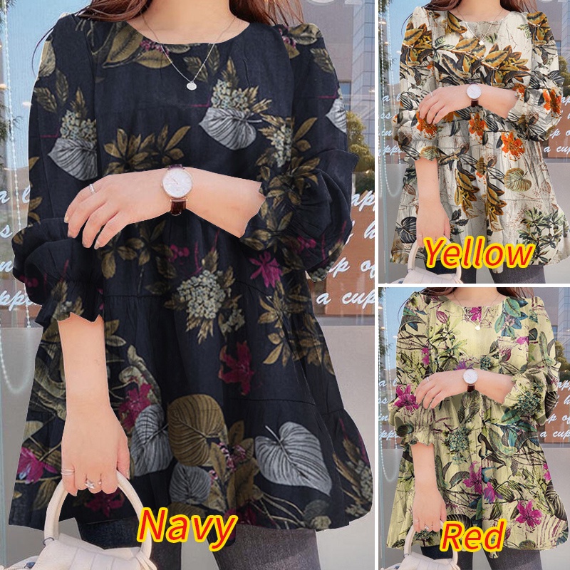 ZANZEA Womens Fashion Round Neck Puff Long Sleeve Floral Printing Casual Loose Blouse