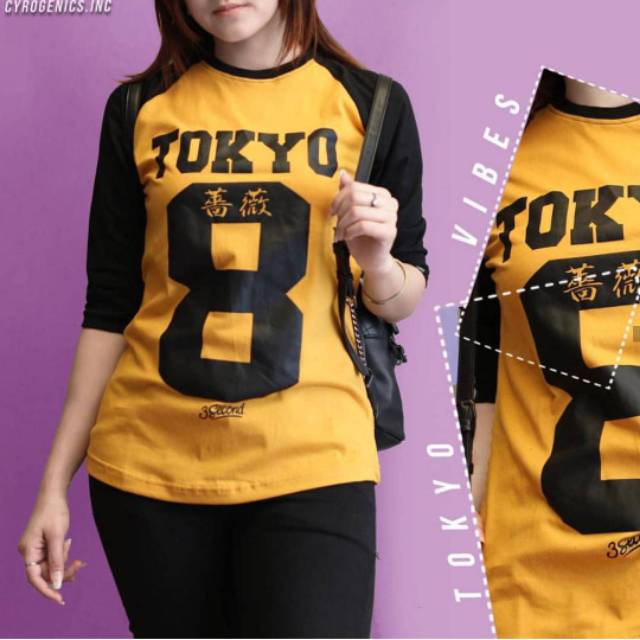 Kaos raglan wanita 3second badan kuning lengan hitam (size: M-L-XL-XXL-XXXL)