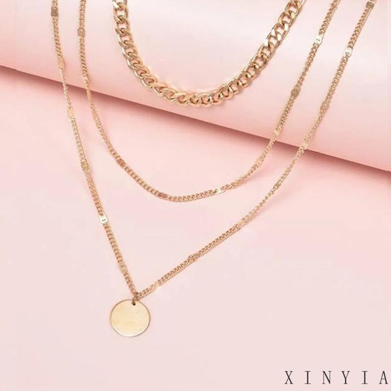 Xia.id Kalung Rantai Pendek Multi layer Liontin Bulat Kecil Hias Kristal Untuk Pria / Wanita