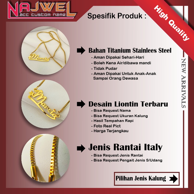 Kalung Nama Stenlis Steel Titanium Rantai Model Itali Warna Emas dan Silver Aksesoris Fashion Wanita Anti Karat Bisa Dipakai Harian Cocok Untuk Hadiah Pasangan