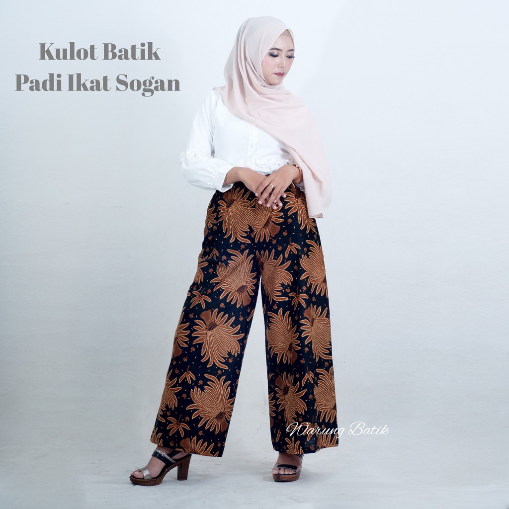 KULOT BATIK WANITA PEKALONGAN SOGAN MOTIF BATIK JARIK LAWASAN CULLOTES PANTS MURAH KULOT BATIK-Padi ikat sogan