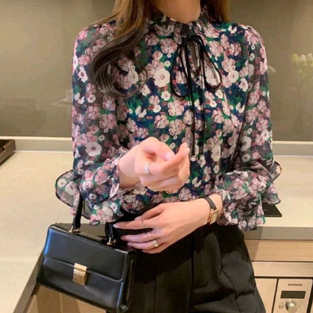 6323 Baju atasan blouse lengan panjang ruffle motif bunga Korean style wanita import baju atasan kem
