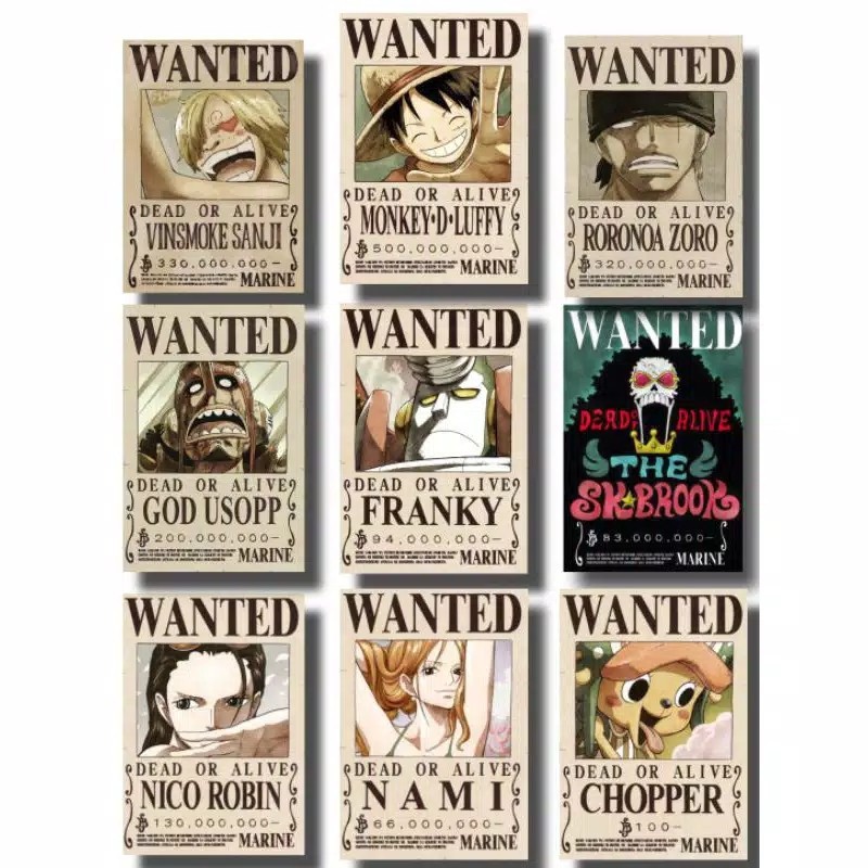 PAKET POSTER BOUNTY KRU MUGIWARA LUFFY ANIME ONE PIECE ISI 9 PCS