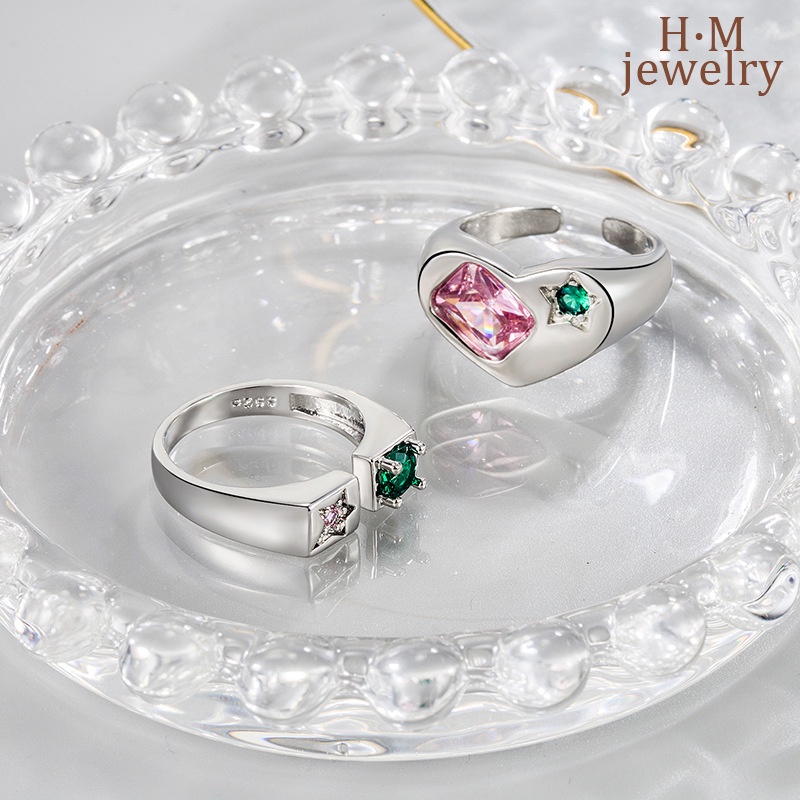 Set Cincin Inlaid Emerald Bahan S925 Silver