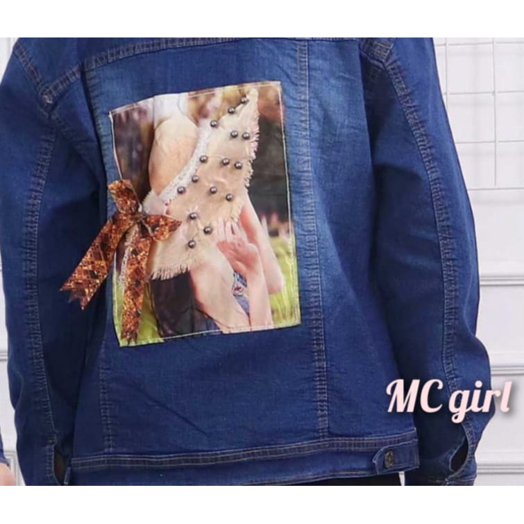 MC girl - Jaket Jeans Polos Gambar Pita 3D Wanita / Jaket Lepis Gambar Belakang Pita Sequin Cewek / Jacket Denim Gambar Pita Belakang