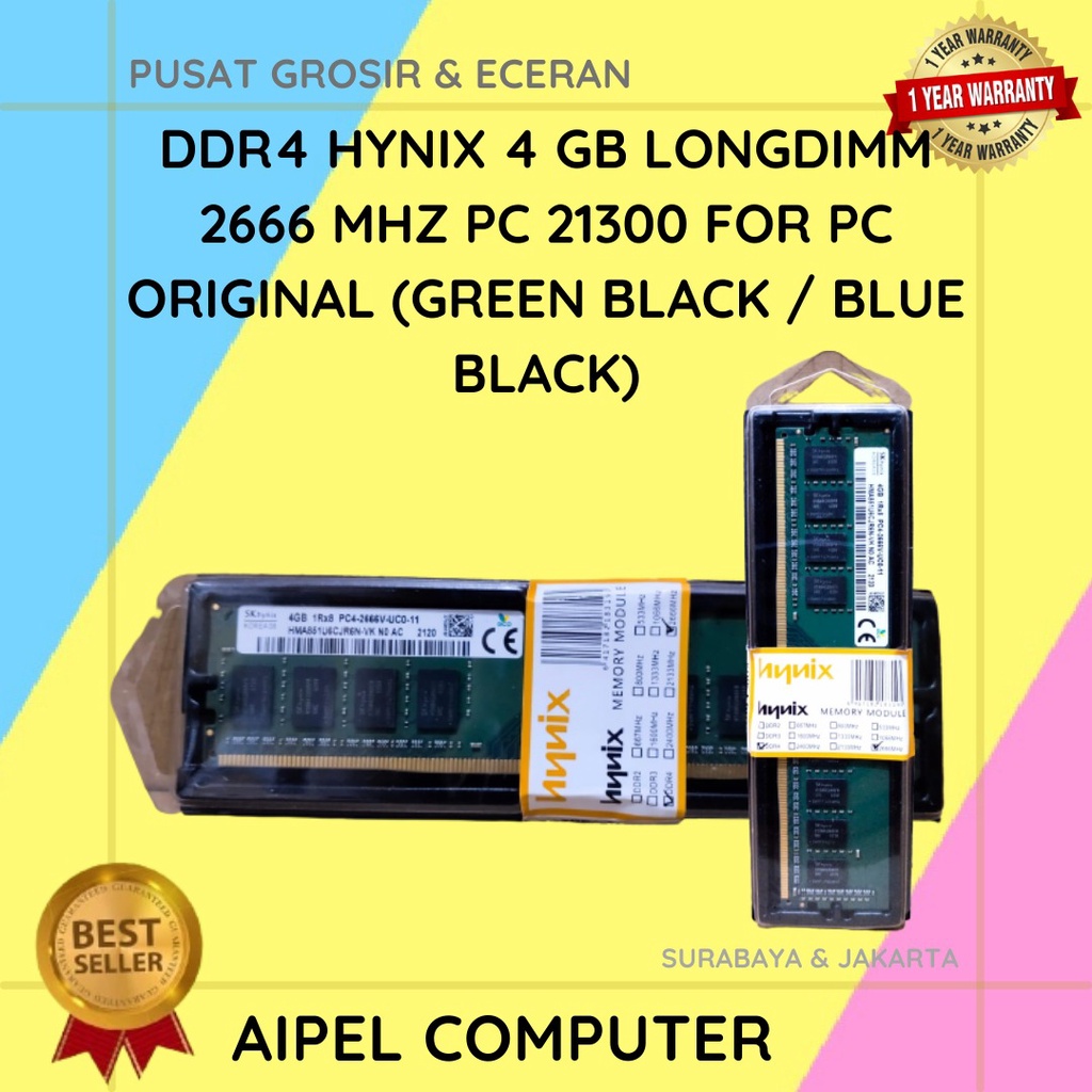 D4H4L | DDR4 HYNIX 4 GB LONGDIMM 2666 MHZ PC 21300 FOR PC ORIGINAL (GREEN BLACK / BLUE BLACK)