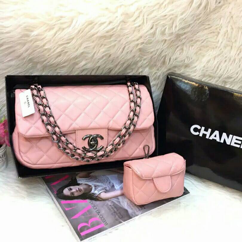 Terbatas Tas Wanita Rantai Branded Chanel Maxi Mom Kids Warna Baby Pink Muda