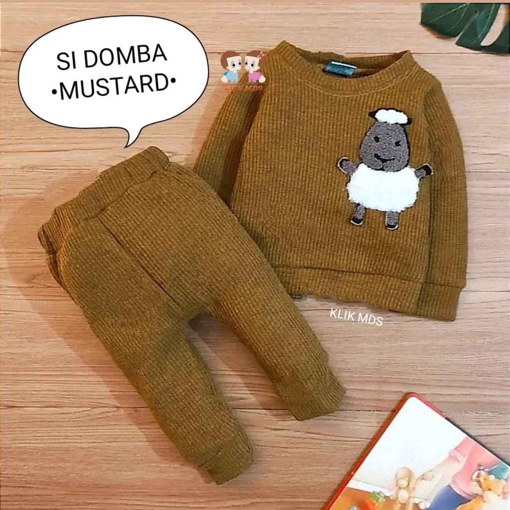 Setelan Anak - Baju Bayi Laki - Laki model Sweater Tangan Cowok Panjang Celana Panjang Bahan Waffle Motif Si Domba