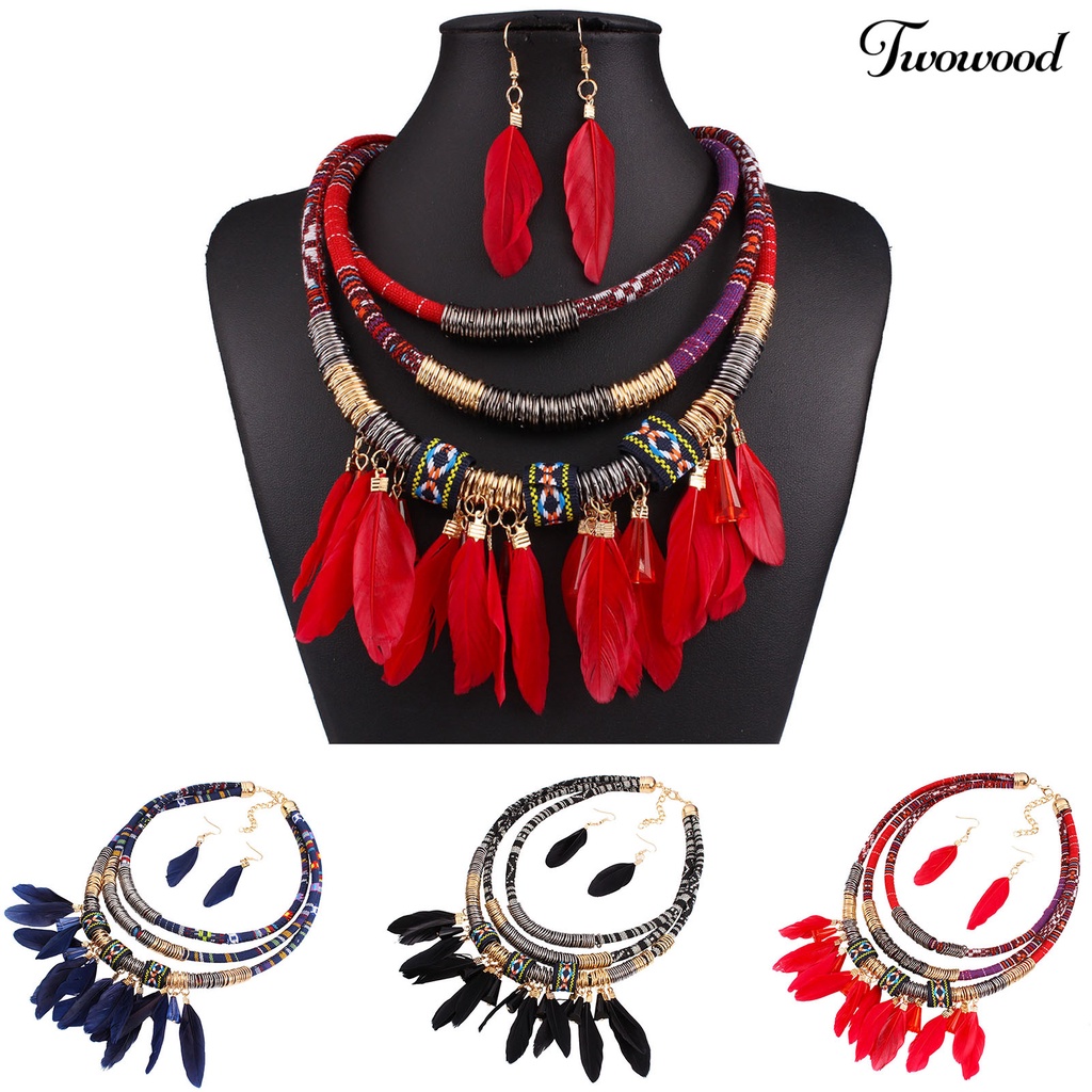 2pcs / Set Kalung Anting Rumbai Bulu Multilayer Bahan Alloy Gaya Bohemian Etnik Untuk Aksesoris Perhiasan