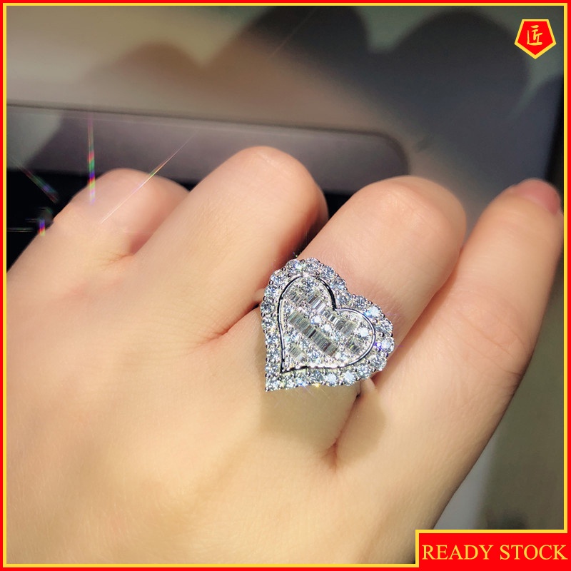 [Ready Stock]S925 Silver Heart-Shaped Diamond Ring Luxury and Elegant