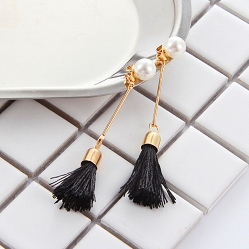 Anting-Anting Untuk Wanita Panjang Rumbai Anting-Anting Bohemian Hitam Dan Putih Mutiara Imitasi