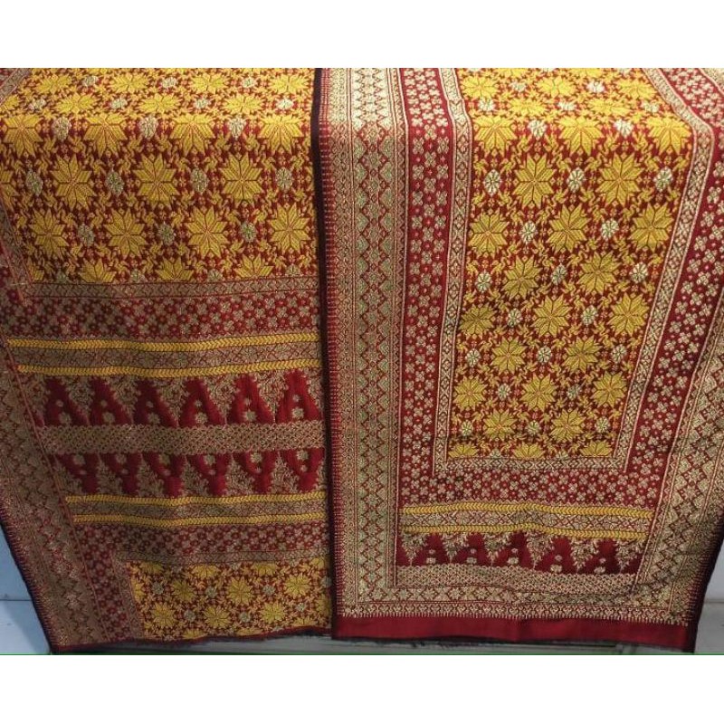 Songket palembang asli sutra alam asli bunga cino maroon kuning