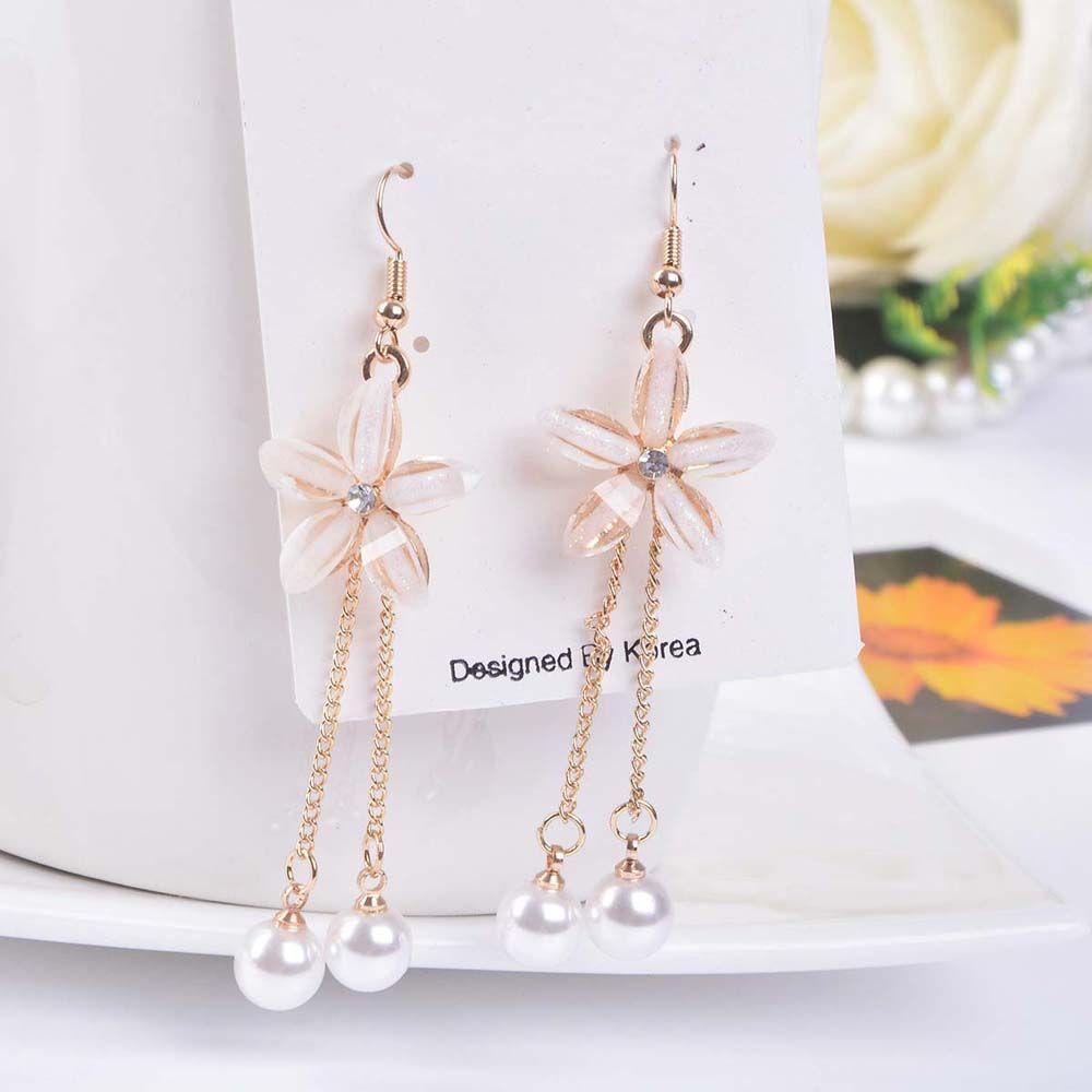 Needway Kait Anting Logam Aksesoris Sederhana Rumbai Simulasi Mutiara Lima Daun Drop Earrings