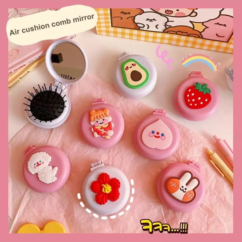 2IN1!! SISIR LIPAT Sisir Rambut Mini Lucu Anti Rontok Bulat Portable Pijat Kesehatan Dengan Cermin