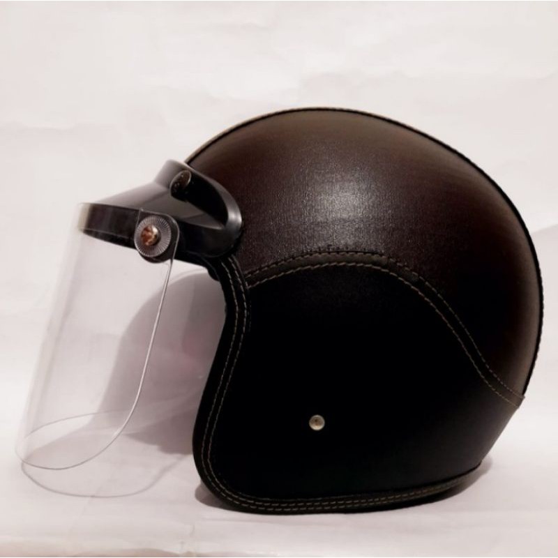 HELM BOGO FULL LEHER / HELM BOGO FLAT BENING SNI COKLAT HITAM / HELM BOGO / HELM BOGO KACA DATAR