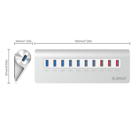 Usb 3.0 hub orico 10 port 5Gbps aluminum with charging slot 2.4a m3h73p m3h7-3p - Terminal usb3.0 10 slot