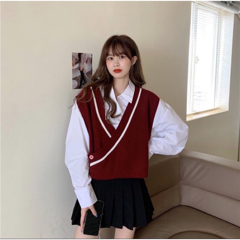 Baju Wanita Rajut Vest Kancing Silang Crop Knith