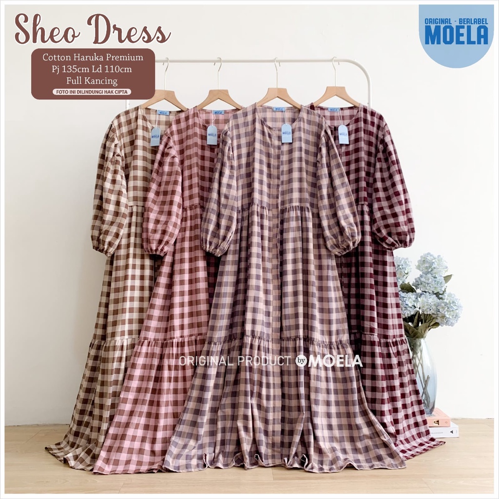 SHEO DRESS BY MOELA BAHAN COTTON HARUKA PREMIUM LD 110 BAJU MUSLIM MOTIF KOTAK ABAYA MODEL RAMPEL GA
