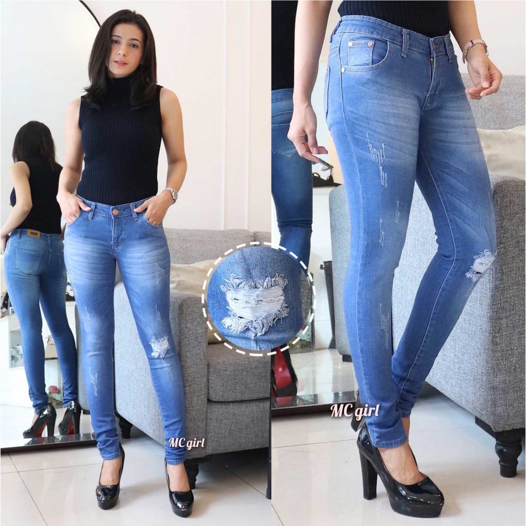 MC girl - Celana Jeans Sobek Tidak Tembus Warna Diamond Wanita / Celana Lepis Panjang Sobek Cakar Daimon / Celana Denim Skinny Pensil Ripped Ada Lapisan