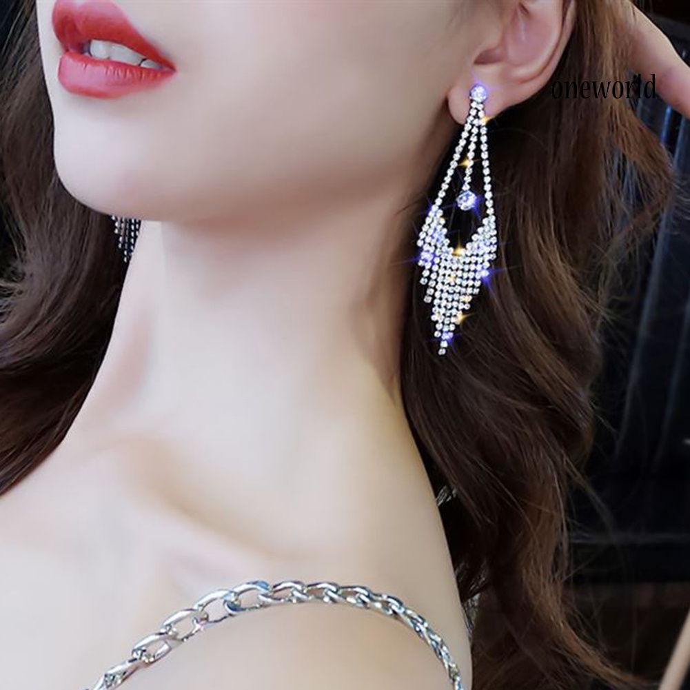 OW@ Luxury Geometric Tassel Rhinestone Long Dangle Women Stud Earrings Jewelry Gift