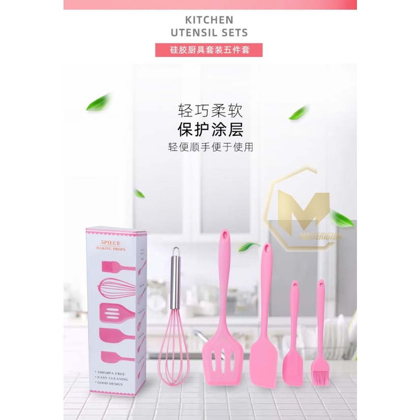 RT81 Alat Masak bahan silikon Silicone Utensil Spatula Cooking Baking Props Set 5pcs Peralatan Masak 5 in 1 Tahan Panas BPA Free MA2752