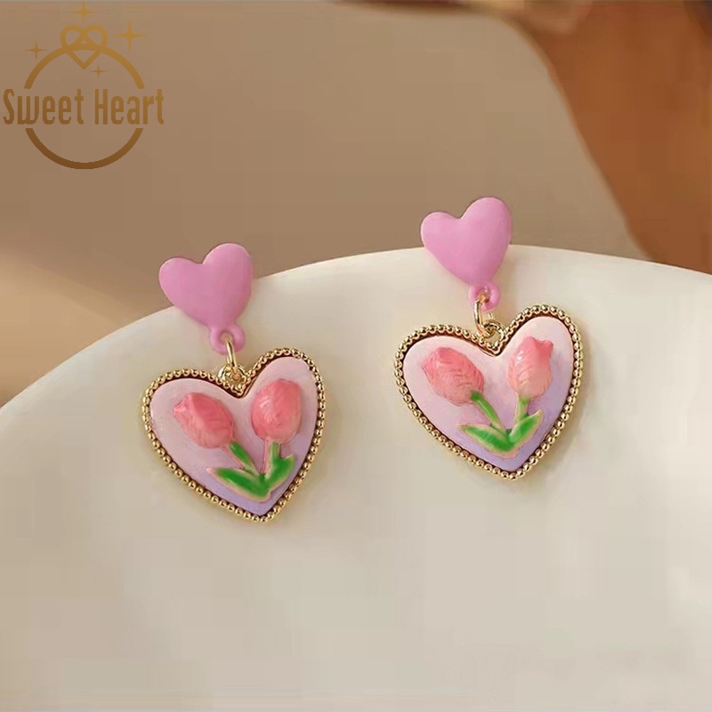 Anting Bentuk Bunga Tulip Warna Pink Untuk Wanita